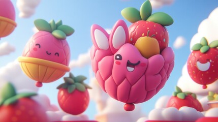 Fototapeta premium Cute fruit balloon bunny floating in sky