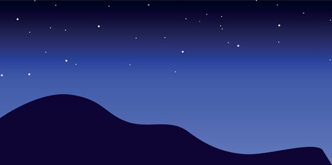 a natural night landscape with a starry sky and silhouettes of hills or low mountains, made in dark colors.