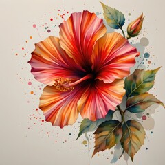a charming watercolor vignette of hibiscus, in an intimate watercolor style, with crimson and yellow hues