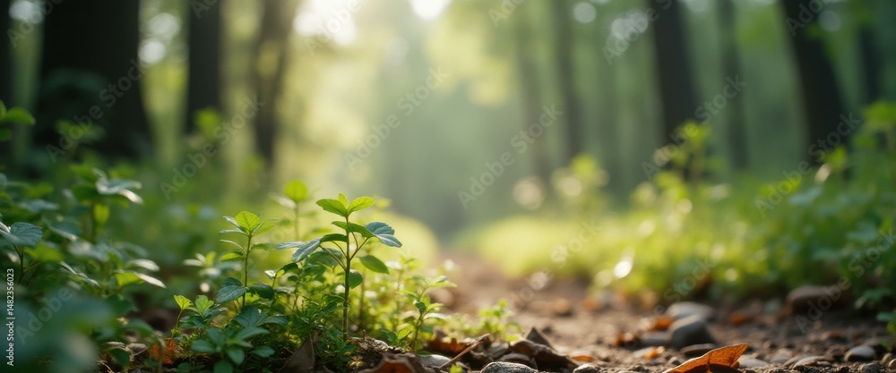 Poster sunlit woodland path with lush greenery and young plants in a peaceful forest setting