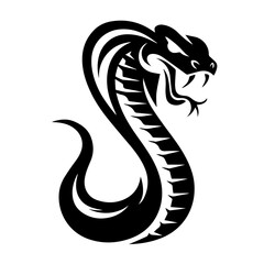old black and white illustration of a coiled cobra with hood flared and fangs bared, captured in a dynamic, aggressive pose. The stylized tribal design emphasizes motion and menace.