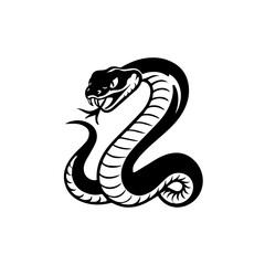 Fototapeta premium old black and white illustration of a coiled cobra with hood flared and fangs bared, captured in a dynamic, aggressive pose. The stylized tribal design emphasizes motion and menace.