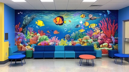 Vibrant underwater mural adorns a waiting area with colorful seating