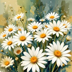 a serene watercolor of daisies, in a flowing watercolor style, with bright white and sunny yellow tones
