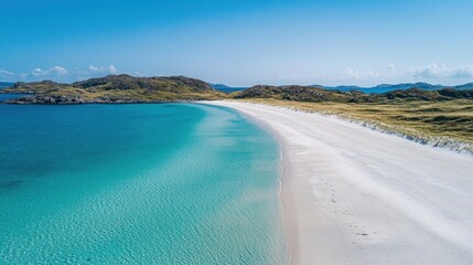 Pristine white sand beach meets turquoise sea, idyllic island scene
