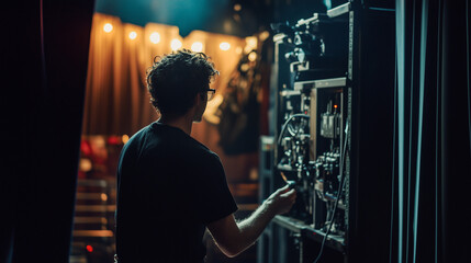 Theater stage technician adjusts curtain motors in preparation for an upcoming performance at a local venue