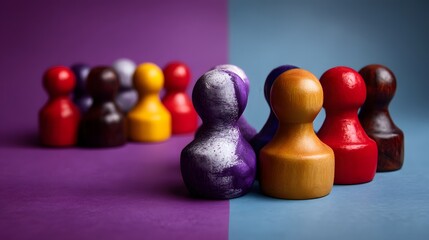 Colorful Wooden Figures on Split Background Representing Unity and Diversity in Community Engagement