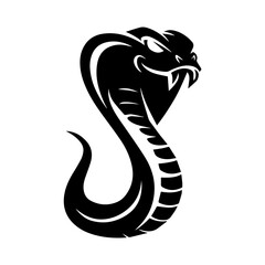old black and white illustration of a coiled cobra with hood flared and fangs bared, captured in a dynamic, aggressive pose. The stylized tribal design emphasizes motion and menace.