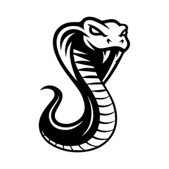 old black and white illustration of a coiled cobra with hood flared and fangs bared, captured in a dynamic, aggressive pose. The stylized tribal design emphasizes motion and menace.
