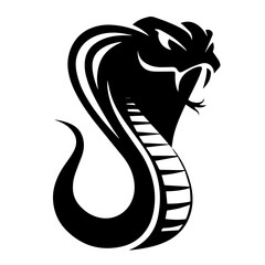 old black and white illustration of a coiled cobra with hood flared and fangs bared, captured in a dynamic, aggressive pose. The stylized tribal design emphasizes motion and menace.