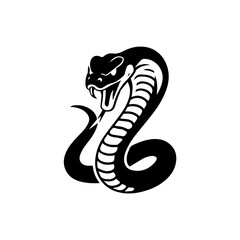 old black and white illustration of a coiled cobra with hood flared and fangs bared, captured in a dynamic, aggressive pose. The stylized tribal design emphasizes motion and menace.