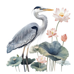 Grey heron standing among lotus flowers and leaves isolated on a transparent background