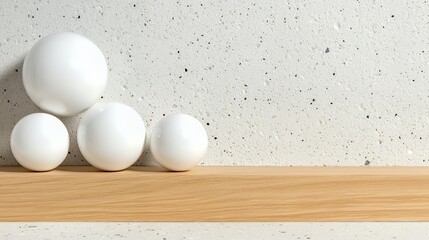 White Spheres on Wooden Shelf with Textured Wall