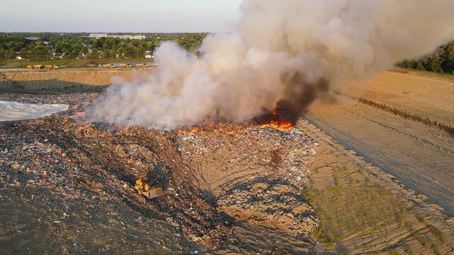Wide drone video of burning landfill in Woodland Meadows, Romulus, MI, USA