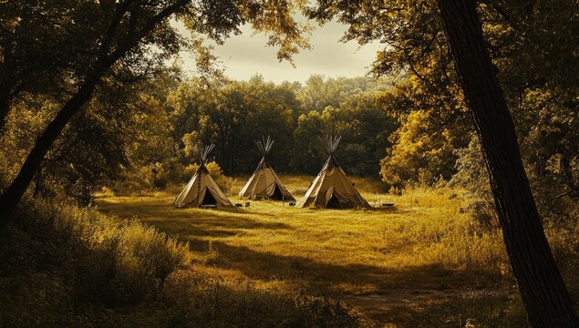 Three tipis nestled in a golden autumn forest