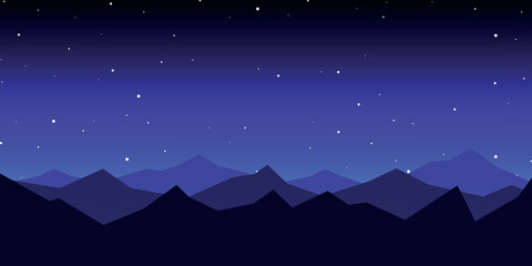 a night sky with a gradient from dark blue at the top to light blue at the bottom, with scattered white dots resembling stars. The lower part shows the silhouette of mountain ranges in dark shades of  © Dima