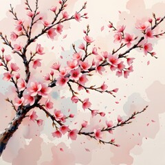 a serene watercolor of cherry blossoms, in a flowing watercolor style, with soft pink and ivory tones