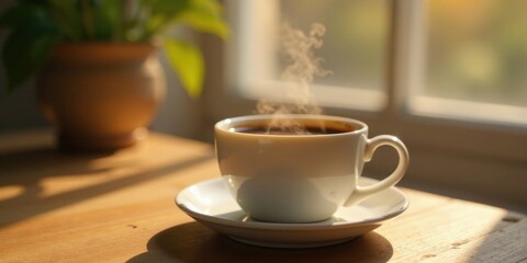 Warm Morning Beverage Steaming in a White Mug Near a Potted Plant on a Wooden Table by a Window