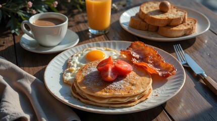 Classic Breakfast: Pancakes, Eggs, Bacon, Toast, Coffee