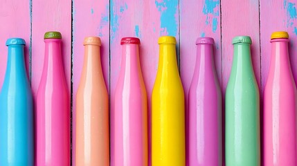Fototapeta premium Colorful bottles on pink wood