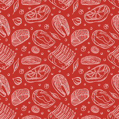 Seamless meat pattern with line art style steak meat and fish, ribs, herbs, garlic, onion on red background. Ideal for butcher packaging, food design and restaurant menu.