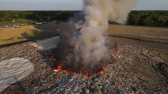 Smoke rises from burning Woodland Meadows Landfill in Romulus, MI, USA