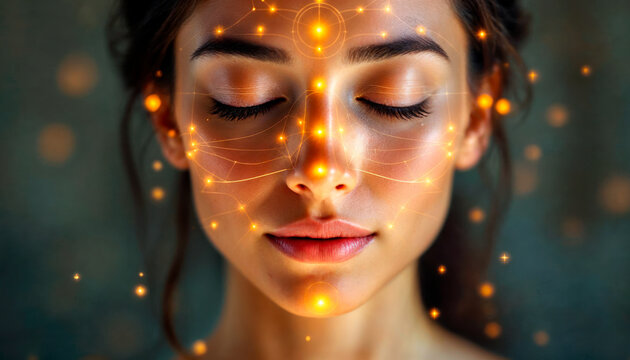 Energy meridian map overlay on calm face during meditation