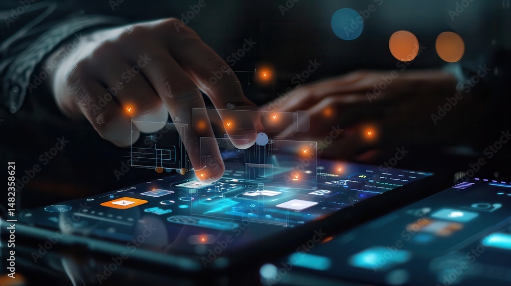Poster hands interacting with futuristic interface on a tablet with glowing icons and digital elements