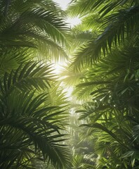 Vibrant green palm fronds, sunlight dappled, lush texture ,  pattern,  green