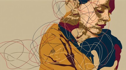 Abstract Artwork Featuring a Woman Embracing a Child with Colorful Lines and Warm Tones