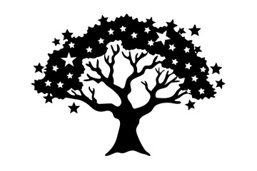 Tree Silhouette with Stars Embedded in Branches, Starry Tree Design, Tree with Glowing Stars in Branches, On Transparent Background