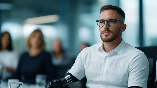 Professional business meeting with a man in a white shirt and prosthetic arm