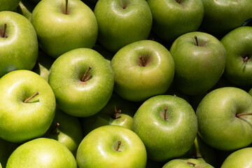 A vibrant display of fresh green apples stacked closely together in supermarket, showcasing their...