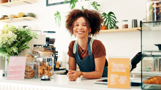 Waitress, smile and portrait with woman in cafe for order, hospitality and small business owner. Restaurant, cafeteria and barista or person in coffee shop for Bakery, food industry and catering