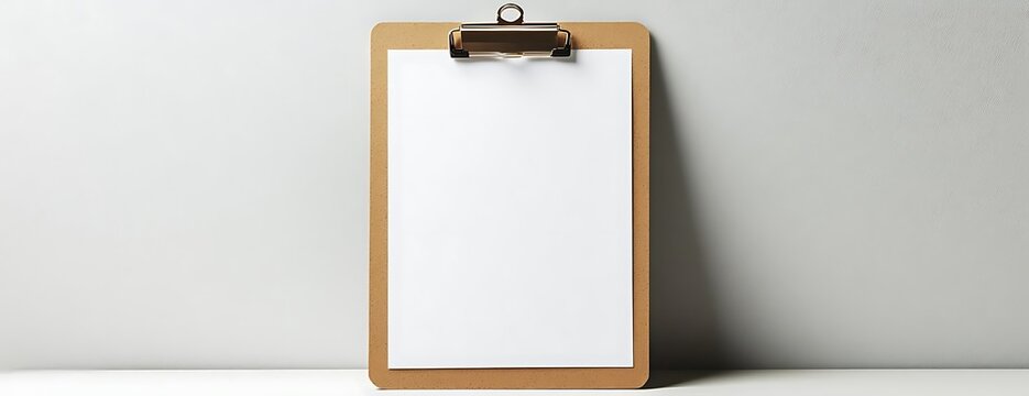 Blank clipboard, white paper, grey wall, office
