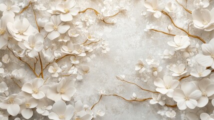 White flower blossoms adorn golden branches on a textured neutral background. Use this for backgrounds, cards, invites, and much more with elegant charm.