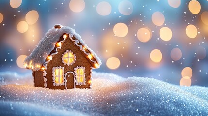 Fototapeta premium A tiny gingerbread house on a snowy mound under a blue sky with twinkling Christmas lights.