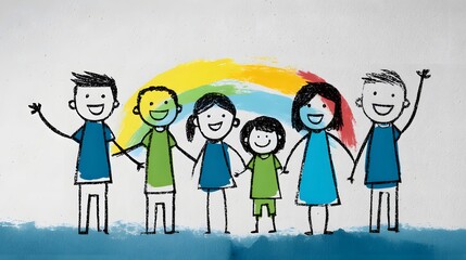 Joyful Children Holding Hands Under Rainbow in Colorful Sketch Style Artwork