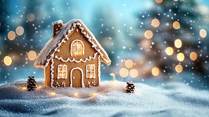 A tiny gingerbread house on a snowy mound under a blue sky with twinkling Christmas lights.