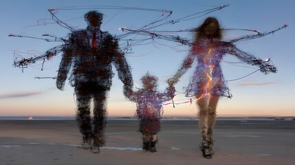 Abstract family silhouette with glowing lines against sunset background in a desolate landscape