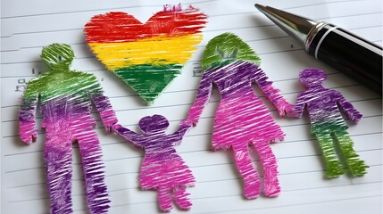 Colorful Representation of Family with Heart Symbol and Pen on Document Background