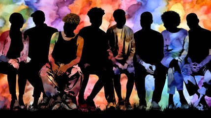 Diverse Silhouettes of People Sitting Against a Colorful Abstract Background