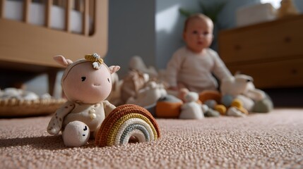 Cozy Nursery with Toys and Baby Playing on Soft Floor in Gentle Light