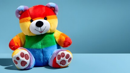 Colorful Plush Teddy Bear Sitting on Light Blue Surface with Soft Fur and Vibrant Patterns