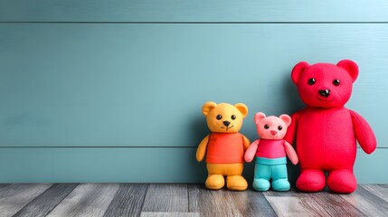 Colorful Plush Bears Standing Together on a Wooden Floor Against a Blue Wall Background