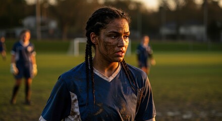 Female soccer player with muddy face standing on field after game at sunset