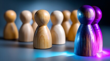 Wooden Figure Models in Bright Light with Shadows Showcasing Creativity and Unique Solutions