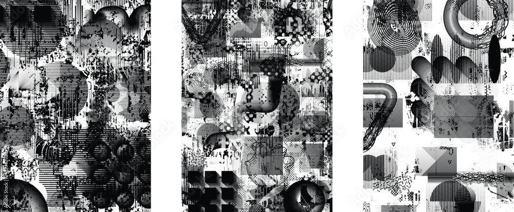 Poster Glitch distorted geometric shape . Noise destroyed logo . Trendy defect error shapes . Glitched frame .Grunge textured . Distressed effect .Vector shapes with a halftone dots screen print texture.