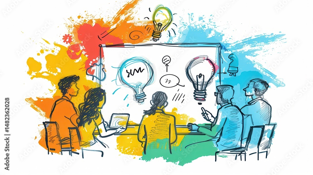 Poster illustration of a brainstorming session with lightbulbs and colorful abstract background design