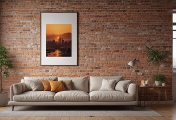 Warm living room, poster mockup clipped to brick wall, photography, house